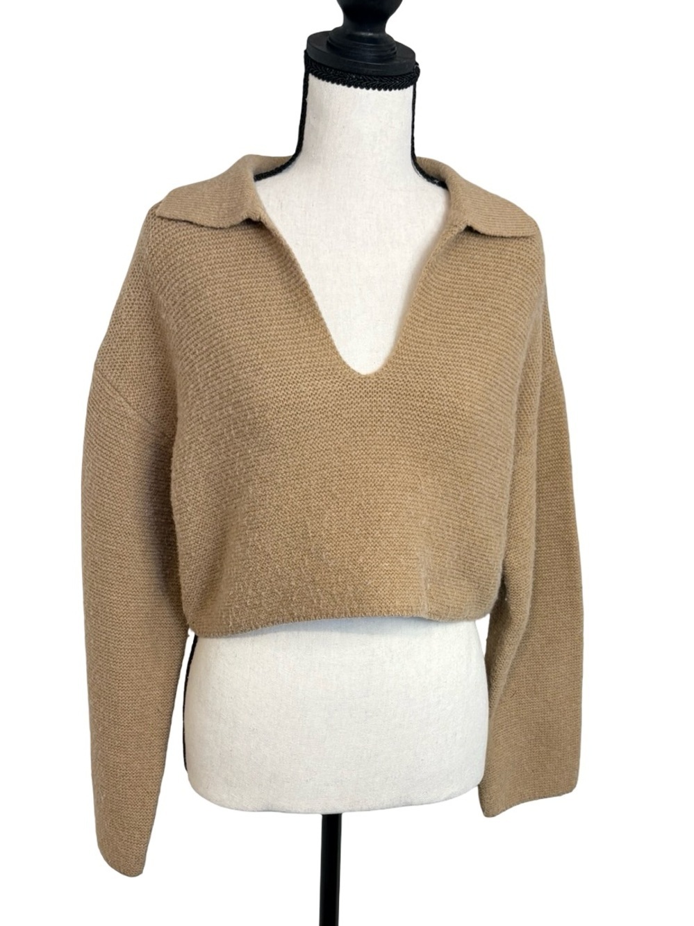 Oak + Fort Cropped Collared Knit Sweater XS Camel Beige Minimalist